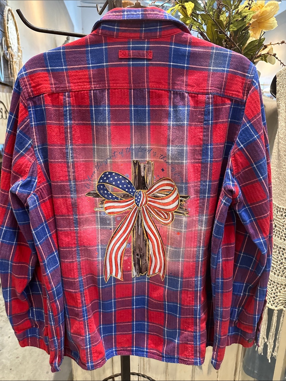 Women’s Red Plaid Flannel Shirt with Patriotic Bow Graphic